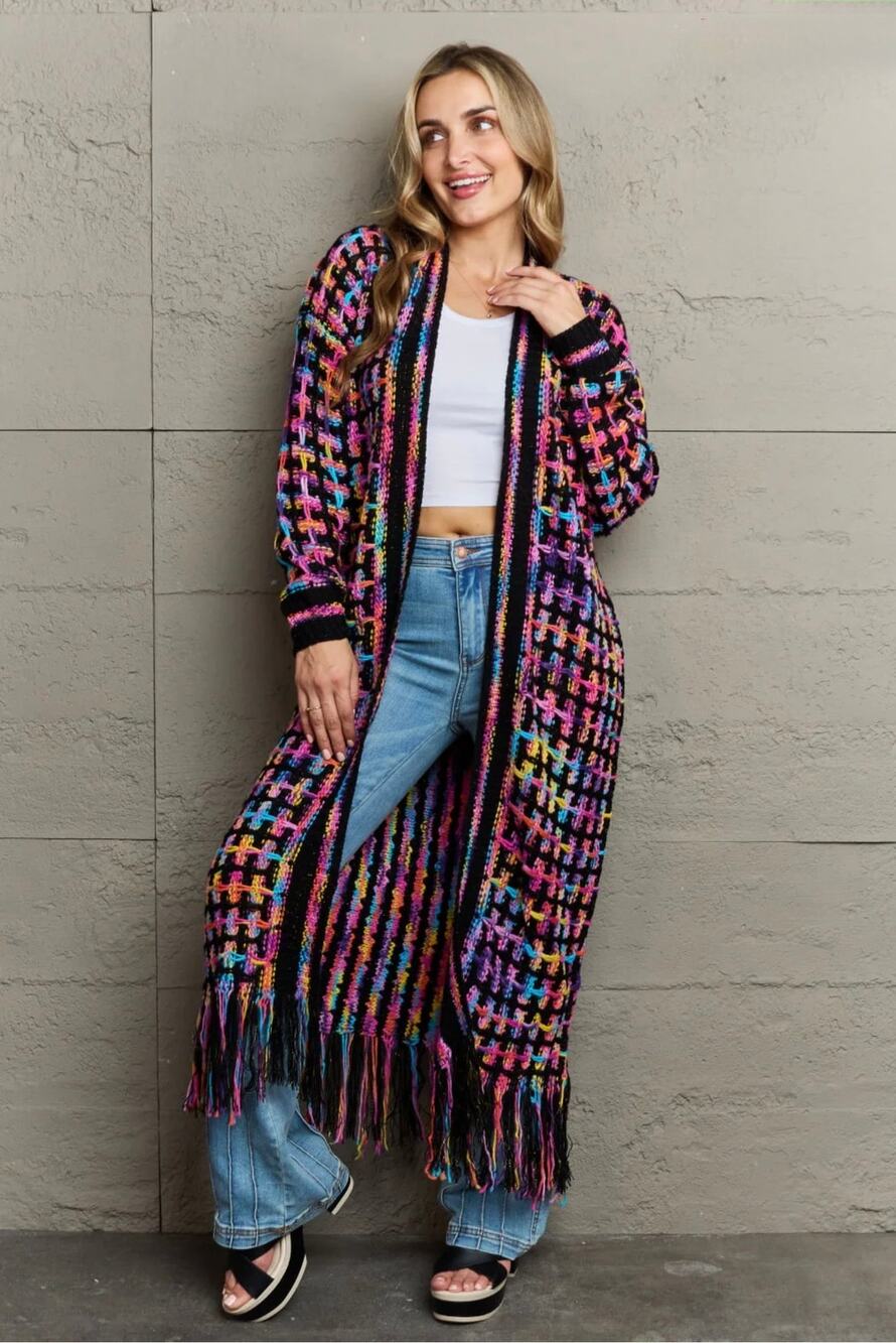 NWT Impulsive Open Front Longline Cardigan Sweater Women’s Medium Fringe Rainbow